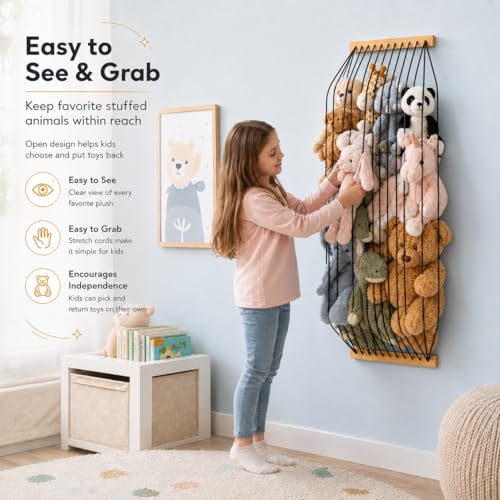 Stuffed Animal Storage Wood Soft Toy Organizer for Kids Room，Cute and Durable Wall or Door Mount Length Adjustable Hanging Stuffed Animal Toy Organizer Shelf for Nursery Play Room Black -Patent - color: Black