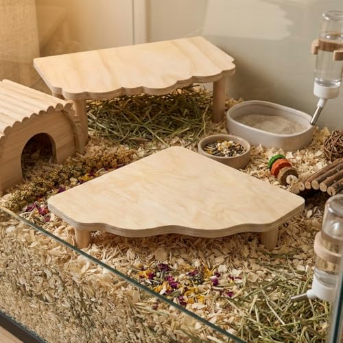 Hamster Platform 2 Pack - Wooden Cage Accessories for Dwarf Syrian Hamsters, Gerbils, Mice, Degus - Extra Large Wood Play Stand, Easy Install