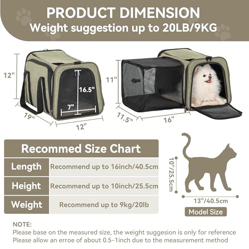 Petsfit 19"X12" X12" Expandable Pet Carrier, Square Expansion Reduces Pet Anxiety, Escape-Proof Self-Locking Zippers, 3 Easy-Access Entrances, for Cats & Small Dogs up to 18 lbs - color: Green, size: 19.0"L x 12.0"W x 12.0"H