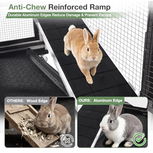 Large Rabbit Hutch Outdoor, 2-Tier Bunny Hutch with Wheels and Waterproof Roof, Wooden Guinea Pig Cage with Leak-Proof Pull-Out Trays, Multi-Door Bunny Cage for Small Animals-Black and White - color: Black and White-AIR7013