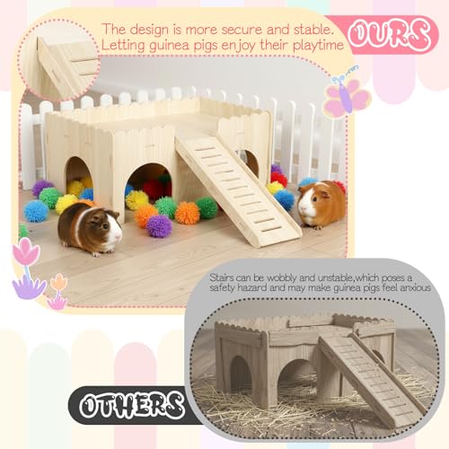 1 Set Guinea Pig Hideout, Upgraded Wooden Guinea Pigs Castle with Stairs 14.96*9.84 Inches Detachable Guineas Pig House with Stair Large Guineas Piggy Castle for Hamsters and Chinchilla Small Animals