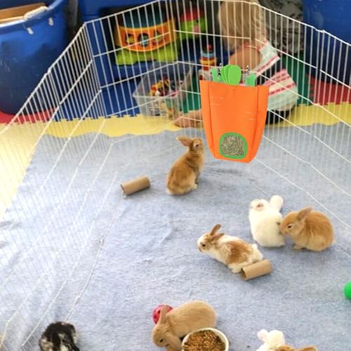 ABTOLS Rabbit Hay Feeder Bags, Hanging Hay Feeder for Cage Guinea Pigs Chinchillas Hamsters Orange Green Carrot Shape Bunny Small Animal Pet Cartoon Hay Bag - color: orange