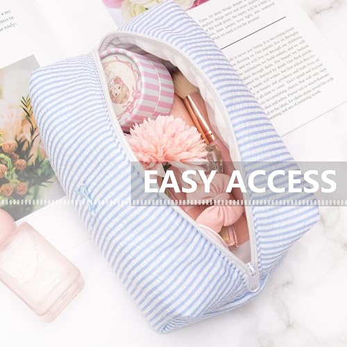 PAZIMIIK Cozy Makeup Bag for Women,Zipper Cosmetic Pouch,Stripe Blue | Soft Cosmetic Organizer for Makeup,Skincare,Toiletries,Daily Beauty Essentials,Purse,On-the-Go,Bridesmaid Gifts - color: Stripe Blue