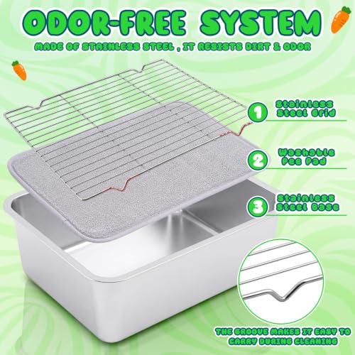 Hicarer Rabbit Litter Box, Extra Large Bunny Litter Box with Stainless Steel Sifting Tray, Grid and Washable Pee Pad, Animal Toilet Potty Tray Easy to Clean and Odor Control(18" × 13.8" × 6")