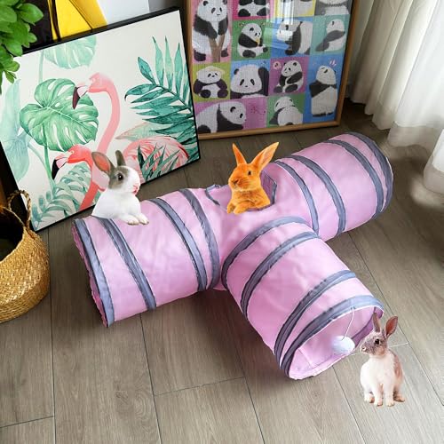 Rabbit Tunnels & Tubes Collapsible 3 Way Pink Grey, Play Tunnel Tube Toy with Hanging Ball for Kitten, Puppy, Bunny, Ferret, Interactive Toys for Fun Playtime & Exercise - color: pink