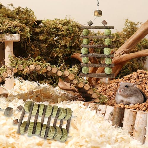 Bunny Chew Toys for Teeth Grinding, 2 Pack Double-Row Natural Grass Cake Apple Wood Hanging Rabbit Toys for Guinea Pigs, Chinchillas, Hamsters Small Pets Cage Decor