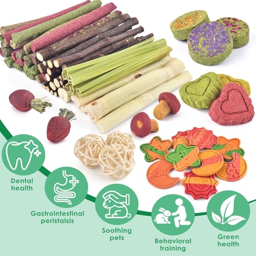 ERKOON 80PCS Bunny Chew Toys for Rabbits Teeth, Natural Rabbit Toys Apple Wood Sticks, Carrot, Timothy Grass Treats for Small Pets, Hamster, Chinchilla, Guinea Pig Dental Care and Treat Teething Toys - size: 80