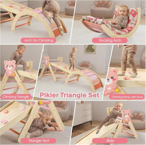 Pikler Triangle Set with Cushion, 7 in 1 Toddler Climbing Toys Indoor | Foldable Space-saving Design, Montessori-inspired Learning, Reversible Slide & Ramp, ASTM F963 Standards for Toddlers 18M-5Y - color: Bear