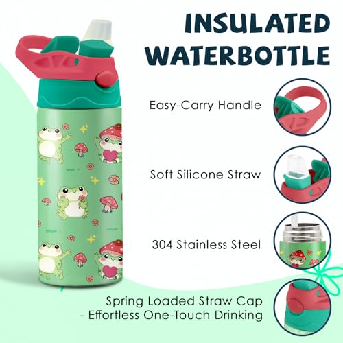 Frog Mushroom 12 oz Water Bottle with Straw – Kids Stainless Steel Vacuum Insulated Cup, Leakproof Pop-Up Spout, Reusable Travel Mug for Boys and Girls Outdoor Sports - color: Frog1