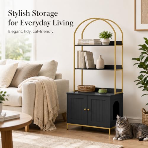 Homhedy Cat Litter Box Enclosure with 2-Tier Shelves, Black and Gold | Litter Box Furniture Hidden, Indoor Cat House, Wooden Cat Washroom Furniture with Metal Frame, Modern Style - color: Black and Gold