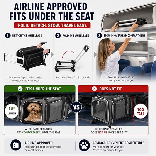 Airline Approved Expandable Premium Pet Carrier on Wheels- Two Sided Expandable Rolling Carrier- Designed for Dogs & Cats- Extra Spacious Soft Lined Carrier! (Grey) - color: GREY