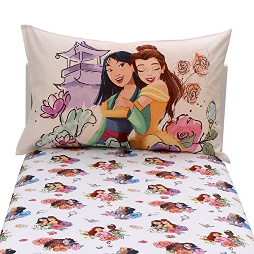 Disney Princesses Courage and Kindness Ariel, Tiana, Moana, Jasmine, Cinderella, Mulan, Belle, and Snow White 2 Piece Toddler Sheet Set - Fitted Bottom Sheet and Reversible Pillowcase - color: Princesses Courage and Kindness Pink