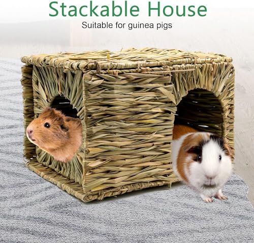 BWOGUE Large Guinea Pig Grass House, Guinea Pig Hideout 2 Pack Straw Hut | Hand-Woven Straw for Gnawing, Double Openings for Guinea Pig Tunnel-Style Play, Foldable Bed for Rest, Bunnies & Chinchillas - size: 2 PACK