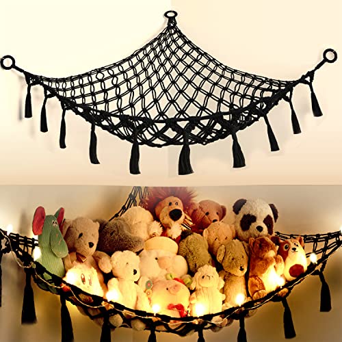 Cotton Stuffed Animal Organizer, Handmade Macrame Hanging Net Hammock for Toy Storage, Boho Decor Room Holder, Triangular, Black, Large, 57x42 inches, 10 lbs Capacity - color: Black(42"*42"*57")