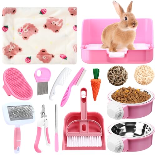 Reallnaive 15 Pcs Rabbit Starter Kit Small Rabbit Litter Box Girls Gift Animal Grooming Kit Bunny Toys Bowl Blankets with Cleaning Set for Guinea Pig Accessories(Pink) - color: Pink