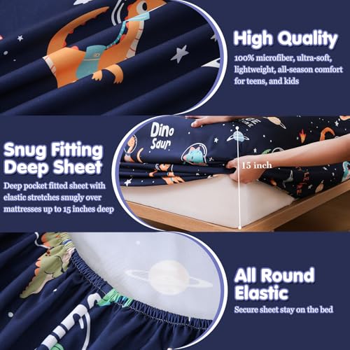 Full Sheet Set for Boys Dinosaur Outer Space Themed Kids Bed Sheet 4 Piece | 15 inch Deep Pocket Fitted Sheet and Pillowcase Set,Soft Breathable Microfiber Cartoon Printed Bed Sheet for Kids Room - color: Space Dinosaur, size: Full