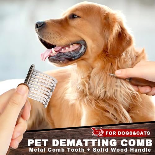 Dog Dematting Comb with Wooden Handle Undercoat Rake for Dogs | Stainless Steel Blades,Dog Dematting Rake,Pet Dematting Tool for Long Haired Dogs&Cats,Remove Loose Hair Mats Knots Tangles