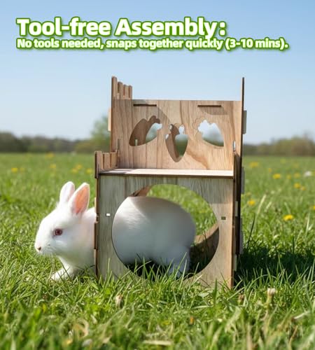 HIIMALEX Large Bunny Castle Sturdy House for Rabbits Ferrets Guinea Pigs | Wooden bunny hideout, split balcony, tunnel tower, ventilated habitat for rabbits, ferrets, guinea pigs, hamsters