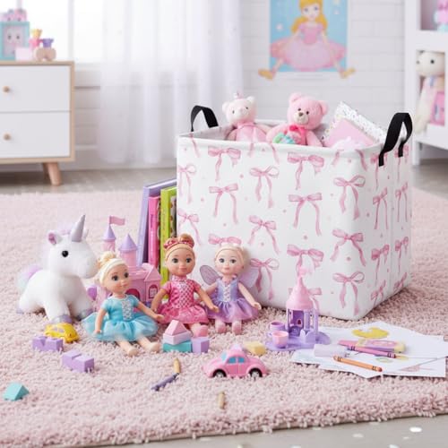 Rectangular Baby Kids Storage Basket for Home Kitchen Girls Cute Toy Storage Bin Organizer Shelf Book Room Decor(Dot Bowknot) - color: Dot Bowknot