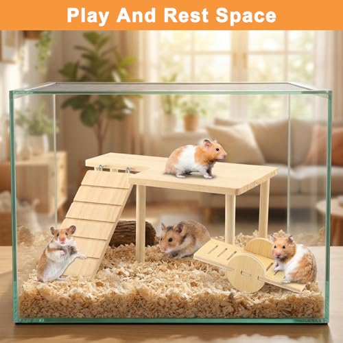 Wooden Hamster Platform, Multi-Functional Cage Climbing Toy with Round-Headed Seesaw for Food Bowl & Water Bottle, Cage Accessories for Dwarf Hamsters, Gerbils, Rats, Mice & Other Small Pets