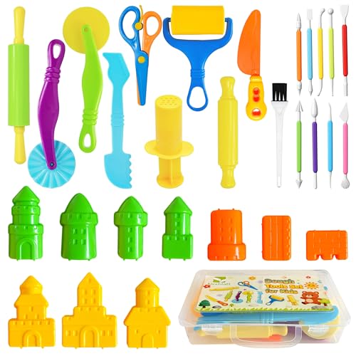 Kleeblatt Dough Tools Set for Kids - 29 Pcs Playdough Kit | 10 Castle Molds, 9 Basic Dough Tools, 9 Double-Headed Clay Carving Tools, 1 Cleaning Brush, Exquisite Box - color: KT-DoughTools-7