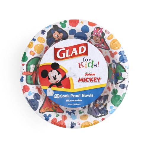 Glad for kids Disney Mickey & Friends Disposable Bowls, 12 Oz, 40 Ct, 2-Pk | Sturdy, cut-resistant paper bowls for snacks and parties, easy cleanup for everyday use - size: 40 Count (Pack of 2)