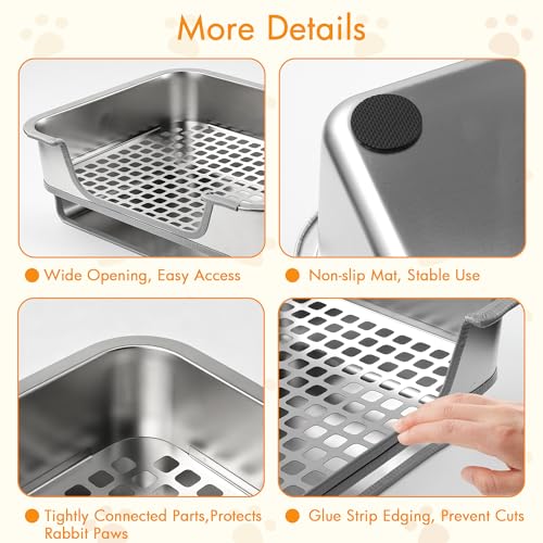 MCEAST Extra Large Stainless Steel Rabbit Litter Box, Pull-Out Bunny Potty Pan with Metal Grid, Rabbit Cage Bathroom Set Includes Pee Pads Cleaning Set for Small Animals (17.7" x 13.8" x 5.9")