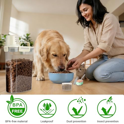 Cat Dog Food Storage Container, 3–5Lbs Portable Pet Food Storage Containers with Cup & Silicone Can Lids for Canned Food Spoon, Small Animal Kibble Dispenser for Bird Seed Cereals Clear/Beige