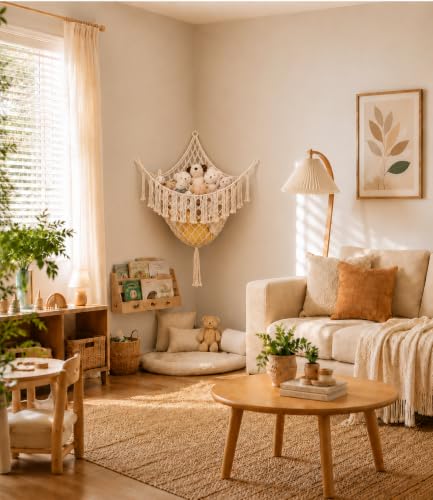 Lare Stuffed Animal Storage Hammock Corner Net - 45" W x 45" H(Cream White) | Cotton Boho Plushie Net - Room Christmas Decor for Teen Girls, Nursery Bedroom Playroom Dorm Decor (Patent Protected) - color: Cream White
