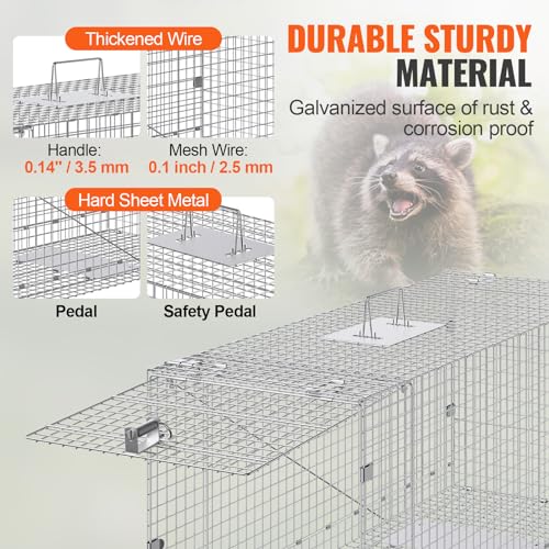 VEVOR Live Animal Cage Trap, 42" x 16" x 18" Humane Cat Trap Galvanized Iron, Folding Animal Trap Cage with Handle for Stray Dogs, Armadillos, Raccoons, Foxes - size: 42" x 16" x 18"