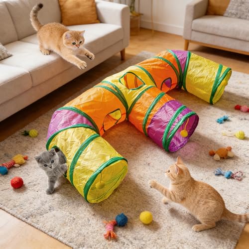 3 Way Collapsible Cat Tunnels with Interactive Ball, E Shape Folded Pet Tube Toy for Indoor Cats, Puppy, Kitty, Kitten, Rabbit - size: E Shape