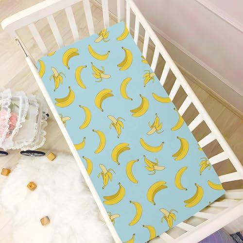 Banana Print Baby Crib Sheets for Boys Girls 28x52 Inch | Cartoon Delicious Tropical Fruit Mattress Cover Yellow and Blue Toddler Bed Sheets Standard Fitted Unisex Crib Sheets - color: Blue, size: 52*28*9 In