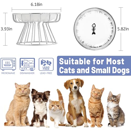 Cat Bowls, Elevated Bowl, Raised Ceramic Dish with Metal Stand, Pet Water or Food Feeding Station for Indoor Cats, Kitten,Dishwash Safe - color: Glossy Sliver