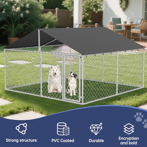Petony Outdoor Dog Enclosure Heavy Duty Dog Kennel House Mesh Dog Big Cage Pet Kennel Steel Fence with Secure Lock - size: 118.0"L x 118.0"W x 65.0"H