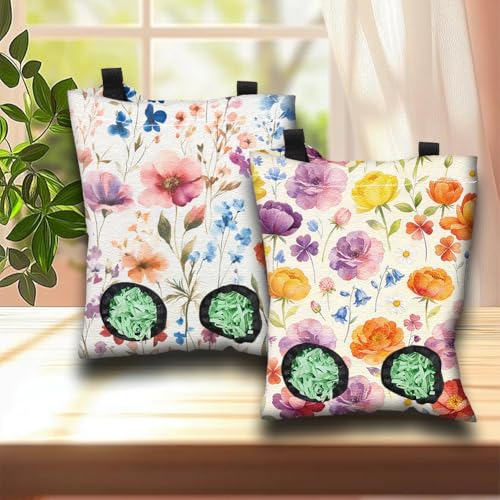 2Pcs 2 Styles Guinea Pig Hay Feeder Rabbits 11.6 x 9.1 Inch, Hanging Hay Feeder Bag Cloth Washable Flowers Feeding Storage Holder with 2 Holes for Bunny Chinchillas Hamsters Small Animals - color: Flower-1