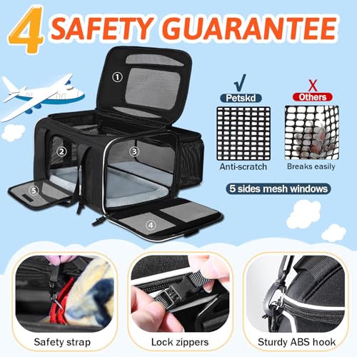 Top and Side Expandable Small Pet Carrier Airline Approved, Black | 17"Lx11"Wx9.5"H, for Alaska Airlines, Pets Under 10 Lbs, Lockable Zippers,Soft-Sided, Anti-Scratch Mesh - color: Black, size: 17.0"L x 11.0"W x 9.5"H