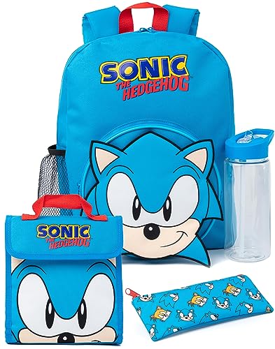 Sonic The Hedgehog Boys Backpack Set | Kids 4 Piece Blue Rucksack Set with School Bag, Pencil Case, Lunch Bag & Water Bottle | Sonic Gamer Complete Matching Bundle | Back to School Gifts for Children,