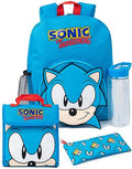 Sonic The Hedgehog Boys Backpack Set | Kids 4 Piece Blue Rucksack Set with School Bag, Pencil Case, Lunch Bag & Water Bottle | Sonic Gamer Complete Matching Bundle | Back to School Gifts for Children,