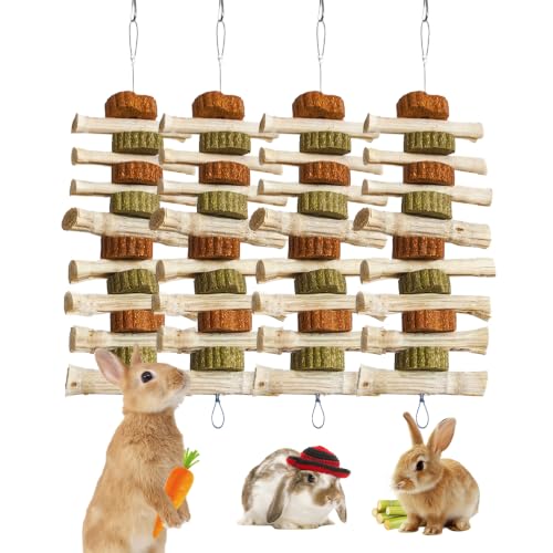 4 PCS Rabbit Chew Toys for Teeth Grinding, Delicious Bunny Cage Hanging Chew Toys, Natural Sweet Bamboo Chew Sticks and Timothy Grass Cake Hay Treats Maintaining Healthy Teeth for Rabbits