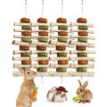 4 PCS Rabbit Chew Toys for Teeth Grinding, Delicious Bunny Cage Hanging Chew Toys, Natural Sweet Bamboo Chew Sticks and Timothy Grass Cake Hay Treats Maintaining Healthy Teeth for Rabbits