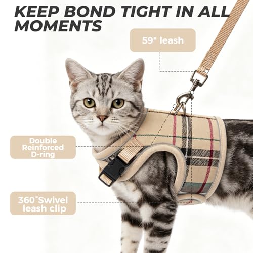 BINGPET Cat Harness and Leash Set, Escape Proof and Adjustable, Small | Step-in Vest, Lightweight Soft Breathable Mesh, Hook & Loop, Easy Control for Kittens & Small Cats Walking Travel - color: Plaid, size: Small