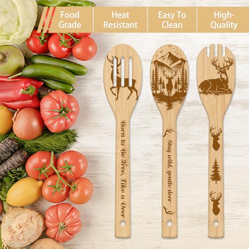 GLOBLELAND 6 Pcs Deer Wooden Spoons Utensil Set Forest Deer Bamboo Carving Kitchen Cooking Utensils Wooden Engraved Cooking Spatula Sets for Kitchen Fun House Warming Gift - color: Deer