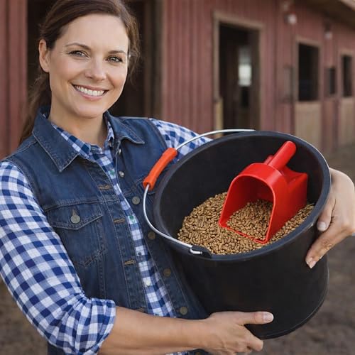 3 Quart Enclosed Feed Scoop Livestock – 2 Pack Stackable Pet Food Red Scoops, Durable Super Heavy-Duty Plastic Grain Scooper for Dog, Cat Litter, Flour, Rice, Chicken, Garden Soil, Barn, Ranchers Farm