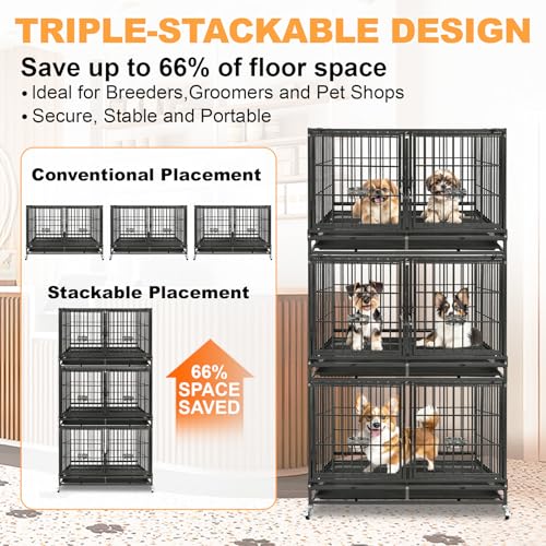 Homey Pet Three Tiers 43 inch Heavy Duty Dog Crate with Wheels, Dual Doors | Stackable Indestructible Steel Dog Cage Kennel Indoor with Divider, Trays, Bowls, Escape Proof Locks for Breeders and More - size: 43.0"L - 3 Tiers - 1P