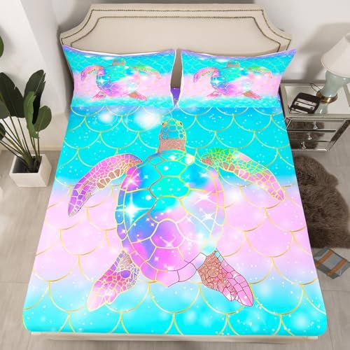Erosebridal Mermaid Scales Fitted Sheet for Girls, Tortoise Reptile Sheet Set King Size, Sea Turtle Ocean Life Bed Sheets for Kids Children Boys Women, Sweet Girly Top Sheet, Teal Blue - color: Style 38, size: King