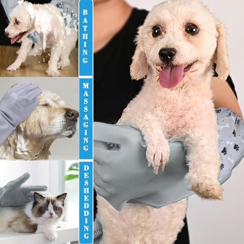 Dog Washing Gloves, Pet Grooming Gloves with Soft Brushes, Bathing and Massaging for Dogs and Cats, Silicone Heat Resistant Cleaning Gloves with High-Density Teeth (Gray) - color: Gray