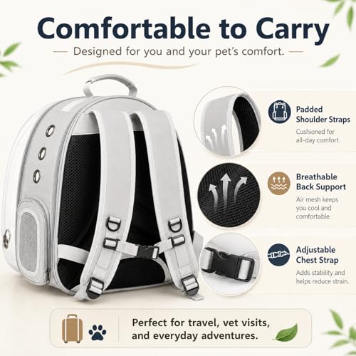 Expandable Cat Carrier Backpack with Bubble Window, Grey | Breathable mesh, anti-collapse frame, side door, safety leash and escape-resistant zippers for vet visits and outdoor travel. - color: Grey