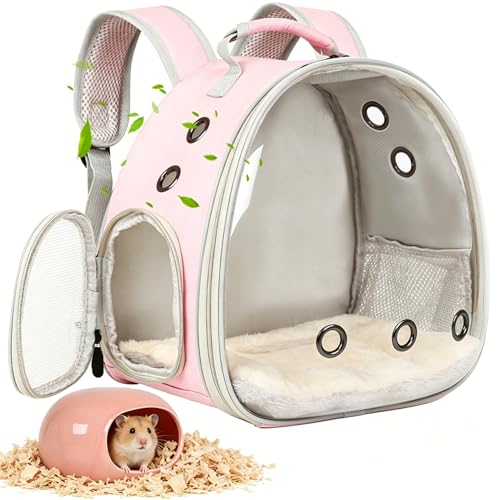 2-Pack Small Animal Backpack Carrier & Ceramic Hamster Hideout for Cooling Summer, Hamster House and Habitat Cool Bed for Other Similar-Size Small Pet Gerbil Rat Chinchilla - color: Pink