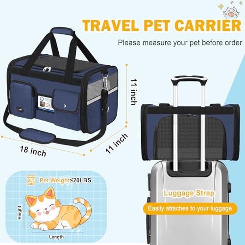 HUANLANG Large Cat Carrier Soft Sided Travel Pet Carrier Airline Approved | Dog Carriers for Small Dogs Medium Cats,Collapsible,3 Storage,zipper lock,Reflective strips,Luggage Strap, Up to 15 Lbs - color: Navy Blue