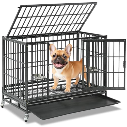 Homey Pet 37" Heavy Duty Stackable Dog Crate with Wheels for Medium Dogs | Metal Dog Cage Kennel with Escape proof Locks, Removable Tray, Bowl, Open Top, Ideal for Breeders, Groomers & Multi-dog Homes - size: 36.6"L x 22.5"W x 29.1"H